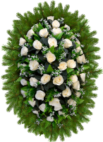 Венок живой с искусственными цветами на хвое (хвоя, бархатные розы)(1.4м)