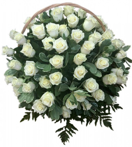 КОРЗИНА «РОЗА», С ЖИВЫМИ ЦВЕТАМИ (0.7м) (80 шт - розы, аспарагус, гипсофилл, рабелини)